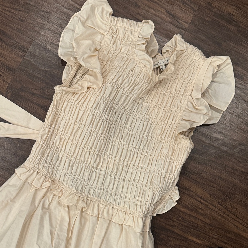 Cream Women’s Dress with Ruffled Sleeves - Picture 3 of 11